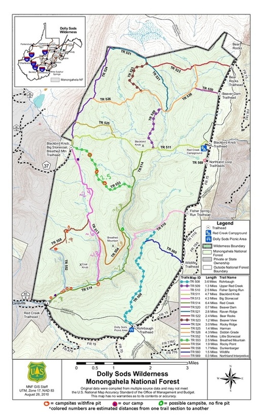 map of designated campsites in Dolly Sods
