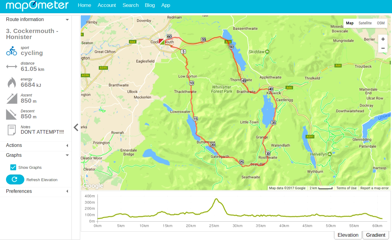 Cycle route from Cockermouth, Honister and Whinlatter Pass loop